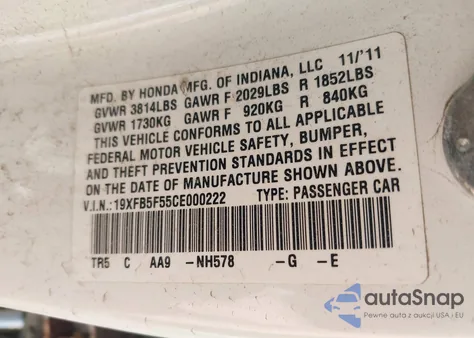 2012 Honda Civic Natural Gas из США, поврежденный, VIN 19XFB5F55CE000222